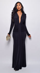 Leilani Metallic Ruched Deep V Maxi Dress - Black